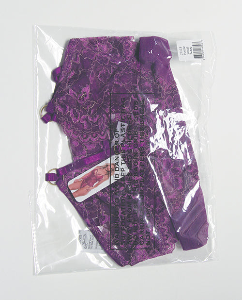 Metallic Stretch Lace & Mesh Teddy w/Detachable Panty - Purple MD