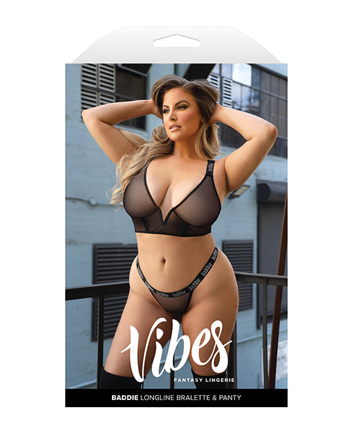 Vibes Baddie Glitter Mesh Long Line Bralette & Thong Black L/XL