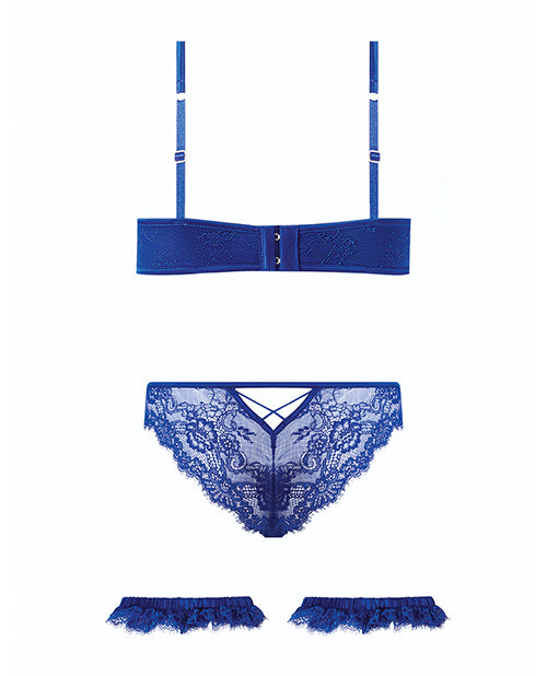 Madeline Lace & Mesh Bra, Garters, & Panty - Cobalt Blue SM