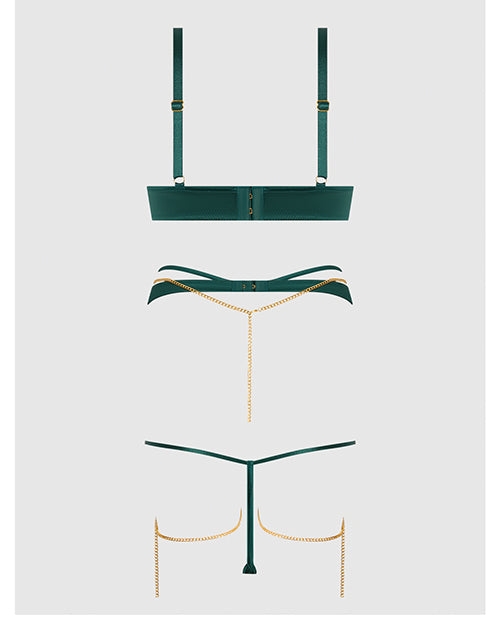 Evangeline Satin & Chain Push Up Bra, Thigh Garter Belt & G-String Set - Green MD