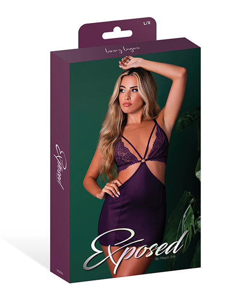 Leather & Lace Stretch Mesh and Lace Chemise w/Thong 2 pc Set - Plum S/M