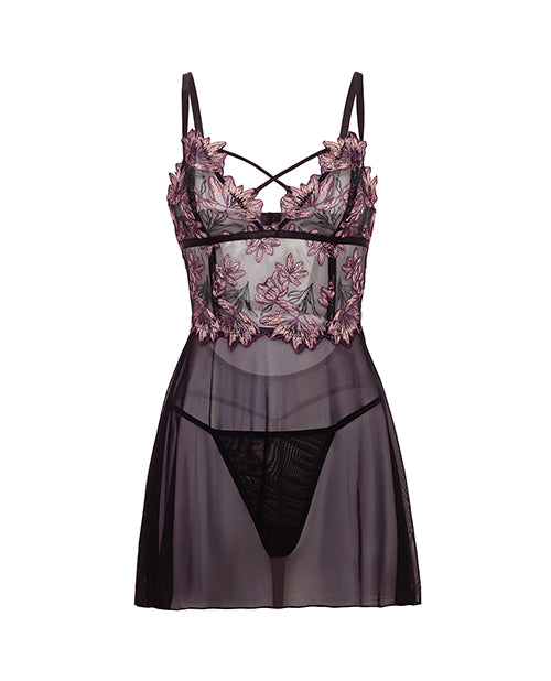 Adela Embroidered Boned Lace and Mesh Babydoll w/G-String 2 pc Set - Black/Pink XL