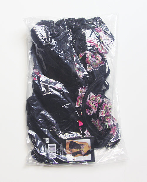 Floral Lace and Mesh Underwire Babydoll w/Open Back Panty 2 pc Set - Black/Pink SM