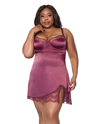 Scallop Lace Trimmed Stretch Satin Chemise w/Underwire Cups - Mauve Plum MD