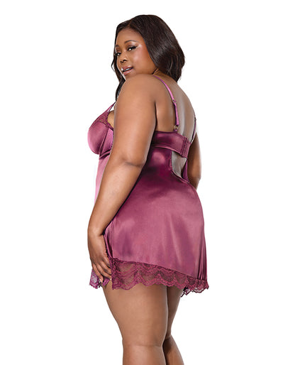 Scallop Lace Trimmed Stretch Satin Chemise w/Underwire Cups - Mauve Plum MD