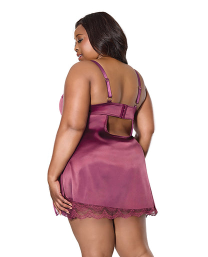 Scallop Lace Trimmed Stretch Satin Chemise w/Underwire Cups - Mauve Plum MD