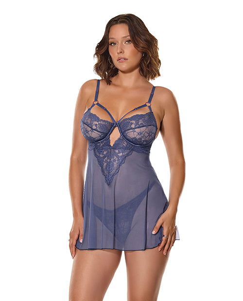 Twilight Fever Lace & Mesh Babydoll w/G-String - Navy 1X/2X