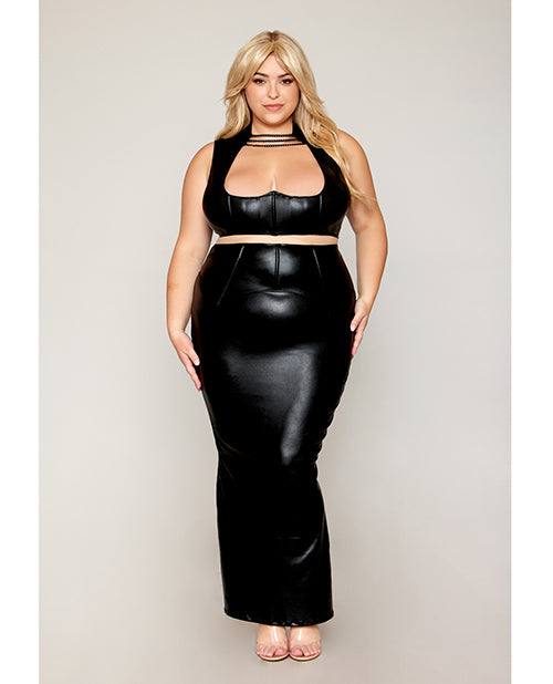 Stretch Faux Leather Harness Bra & Long Slip Skirt - Black LG