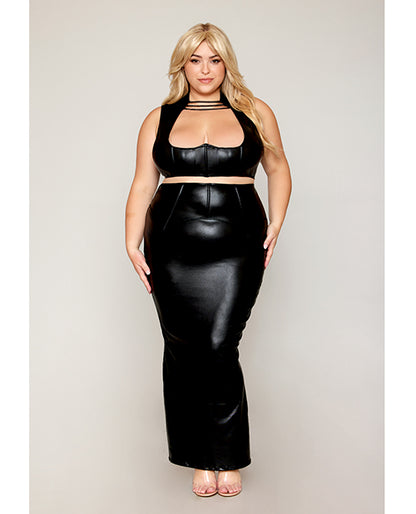 Stretch Faux Leather Harness Bra & Long Slip Skirt - Black LG