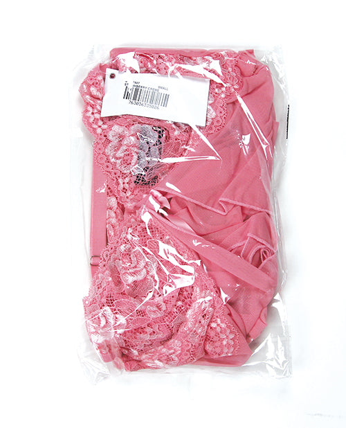 Two Tone Lace and Mesh Crotchless Teddy w/Removable Babydoll Cover 2 pc Set - Pink LG