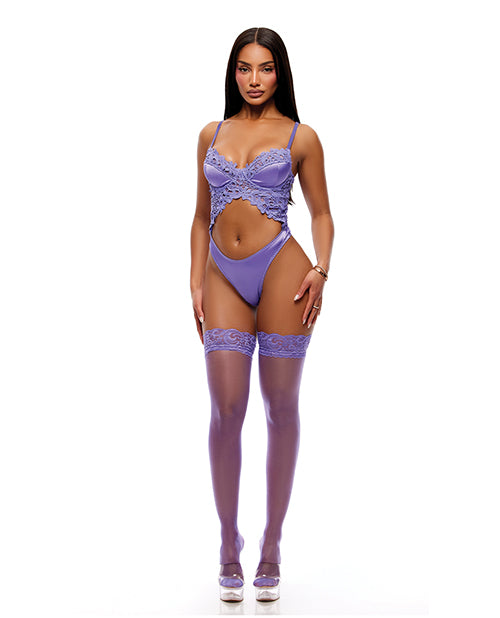 See It Through Guipure Teddy Set w/Stockings - Purple XL