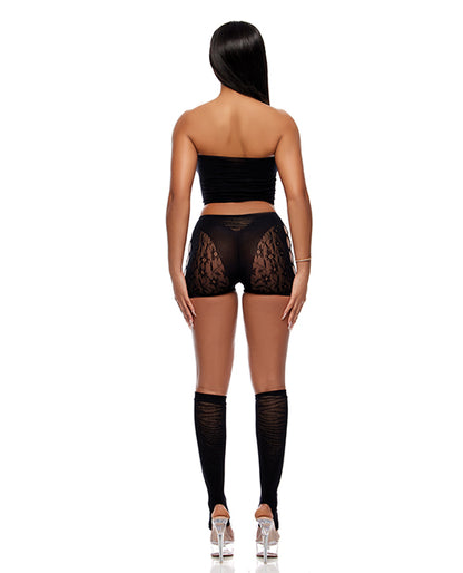 Cross Your Mind Tube Top w/Boy Short & Open Toe Socks Bodystocking - Black O/S