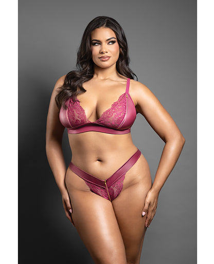 Domina Lace Bralette & Panty in Leatherette w/Zipper Detail - Berry QN