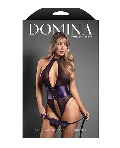 Domina Open Halter Teddy in Mesh & Leatherette w/Matching Blindfold - Purple S/M