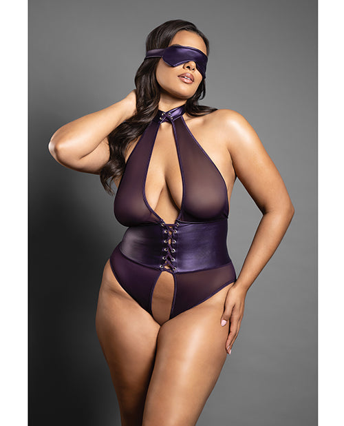 Domina Open Halter Teddy in Mesh & Leatherette w/Matching Blindfold - Purple S/M