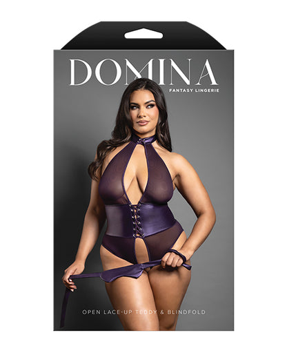 Domina Open Halter Teddy in Mesh & Leatherette w/Matching Blindfold - Purple S/M