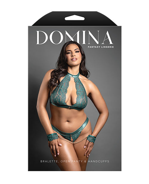 Domina Lace Bralette & Open Panty w/Detachable Chain-Link Handcuffs - Green S/M