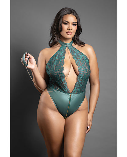 Domina Lace Halter Teddy w/Zipper Detail & Detachable Chain-Link Leash - Green S/M