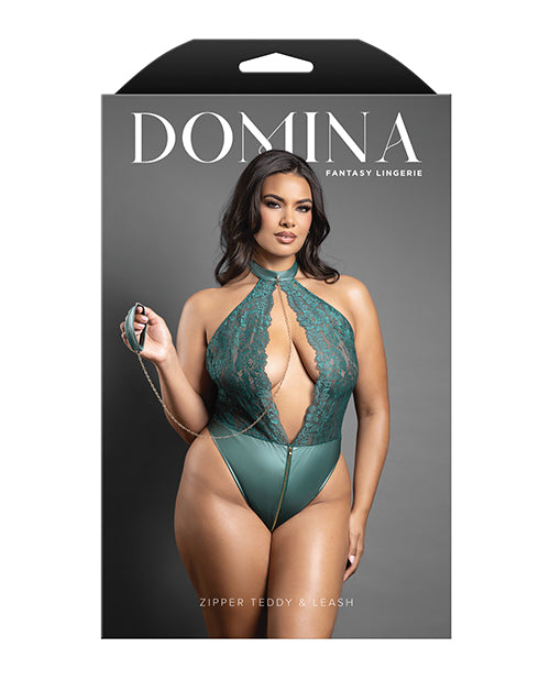 Domina Lace Halter Teddy w/Zipper Detail & Detachable Chain-Link Leash - Green S/M
