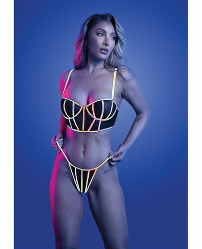 Solar Flare Flash Reflective Binding Underwire Bra & Thong - Black M/L