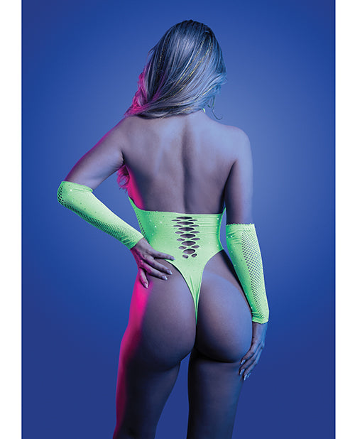 Pressure Point UV Reactive Rhinestone Studded Teddy & Gloves/Leg Warmers 2 pc Set - Neon Green QN
