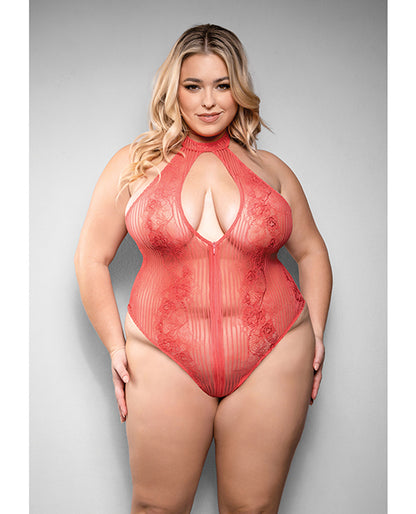Temptress Calliope Striped Sheer Floral Lace Zippered Teddy - Coral 1X/2X
