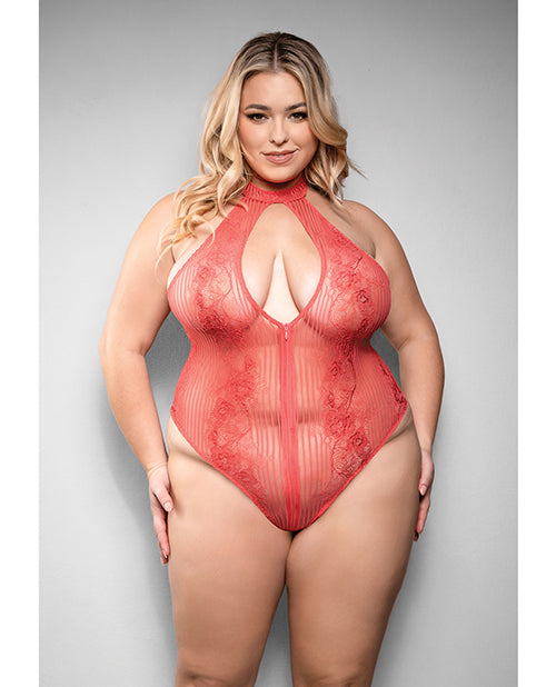 Temptress Calliope Striped Sheer Floral Lace Zippered Teddy - Coral M/L