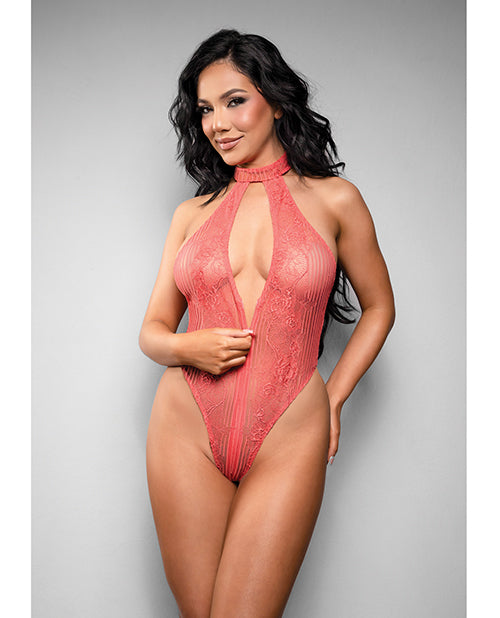 Temptress Calliope Striped Sheer Floral Lace Zippered Teddy - Coral M/L