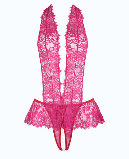 Jocelyn Lace Halter Teddy w/Open Crotch - Raspberry XL