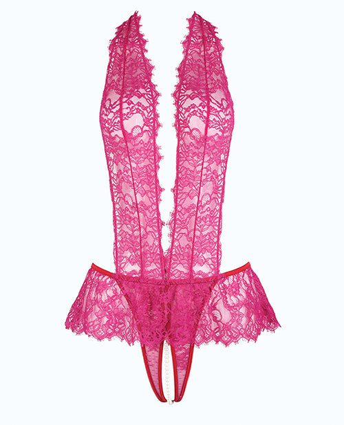 Jocelyn Lace Halter Teddy w/Open Crotch - Raspberry XL