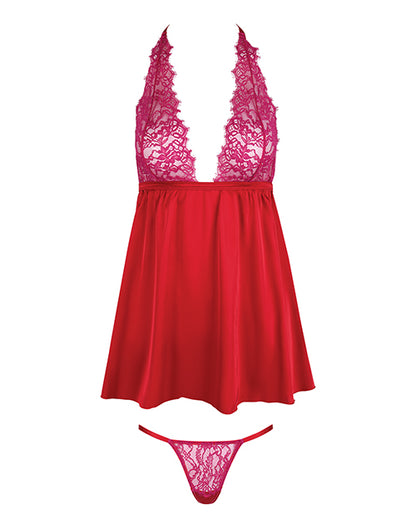 Jocelyn Lace & Satin Halter Mini Babydoll Dress w/Thong - Raspberry XL