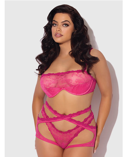 Yvone Lace Bra w/Removable Straps, Garter & Tanga Panty 3 pc Set - Pink 3X/4X