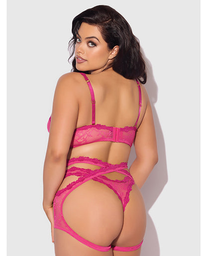 Yvone Lace Bra w/Removable Straps, Garter & Tanga Panty 3 pc Set - Pink 3X/4X