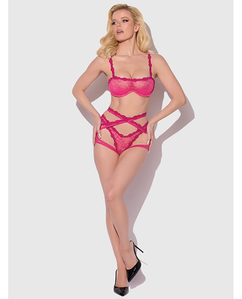 Yvone Lace Bra w/Removable Straps, Garter & Tanga Panty 3 pc Set - Pink 3X/4X