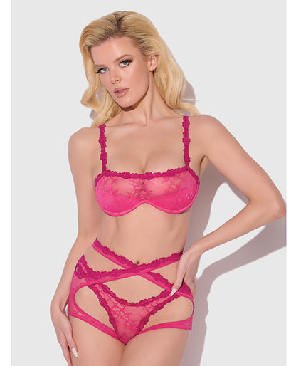 Yvone Lace Bra w/Removable Straps, Garter & Tanga Panty 3 pc Set - Pink 3X/4X
