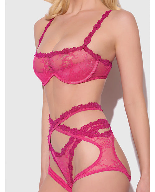 Yvone Lace Bra w/Removable Straps, Garter & Tanga Panty 3 pc Set - Pink 3X/4X