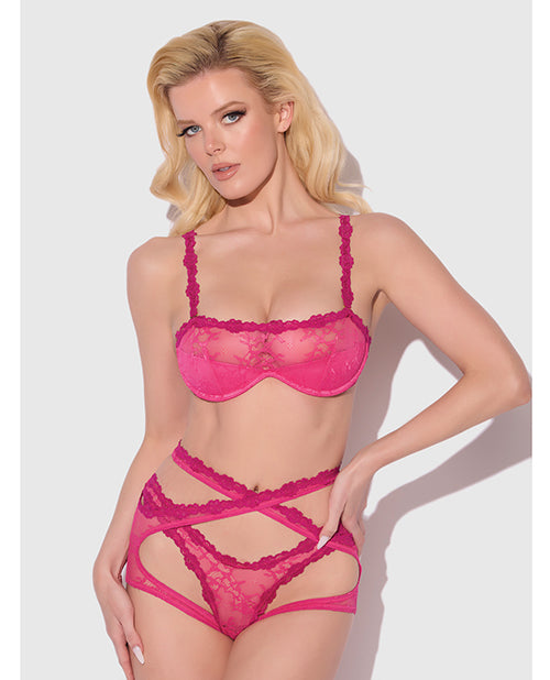Yvone Lace Bra w/Removable Straps, Garter & Tanga Panty 3 pc Set - Pink 3X/4X