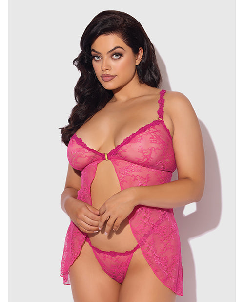 Yvone Lace Babydoll w/Front Closure & G-String 2 pc Set - Pink LG