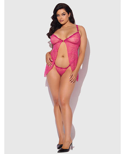 Yvone Lace Babydoll w/Front Closure & G-String 2 pc Set - Pink LG