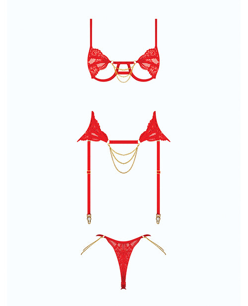 Cecily Lace Cut-Out Bra & Thong w/Garter Straps - Red XL