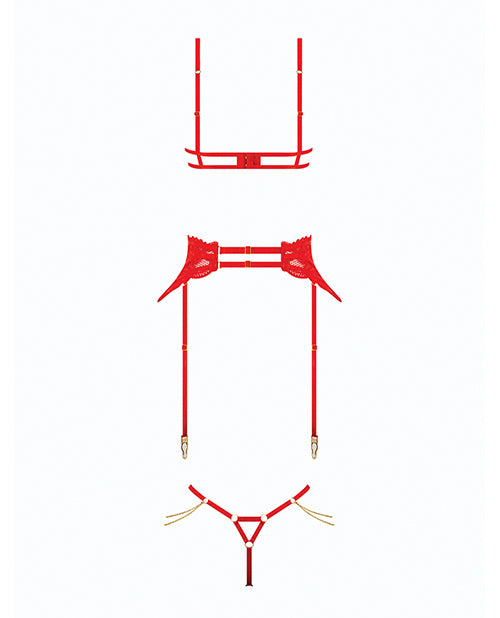 Cecily Lace Cut-Out Bra & Thong w/Garter Straps - Red XL