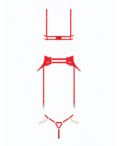 Cecily Lace Cut-Out Bra & Thong w/Garter Straps - Red XL