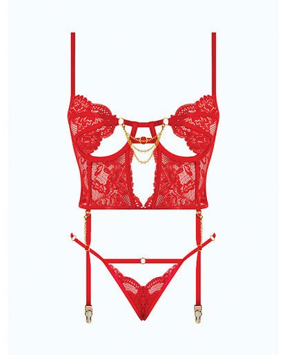 Cecily Lace & Mesh Bustier w/Thong & Garter Straps - Red 3X/4X