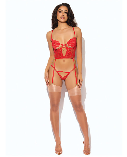 Cecily Lace & Mesh Bustier w/Thong & Garter Straps - Red LG