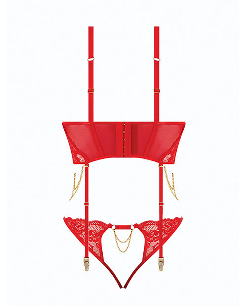 Cecily Lace & Mesh Bustier w/Thong & Garter Straps - Red LG
