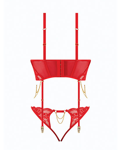 Cecily Lace & Mesh Bustier w/Thong & Garter Straps - Red LG