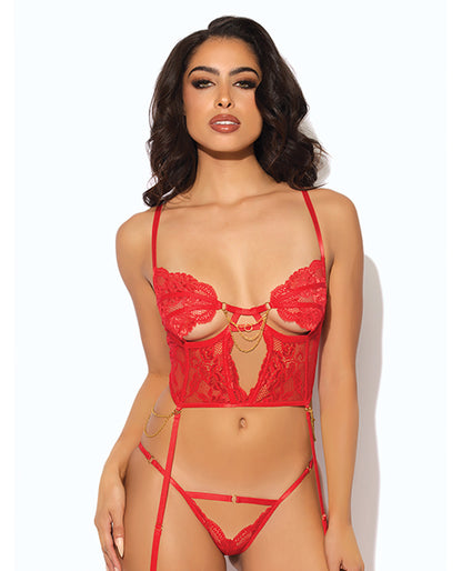 Cecily Lace & Mesh Bustier w/Thong & Garter Straps - Red MD