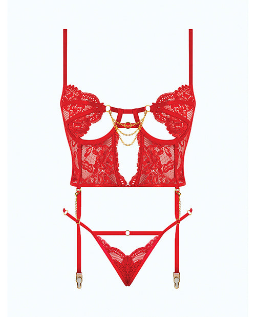 Cecily Lace & Mesh Bustier w/Thong & Garter Straps - Red LG