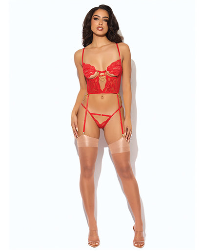 Cecily Lace & Mesh Bustier w/Thong & Garter Straps - Red MD