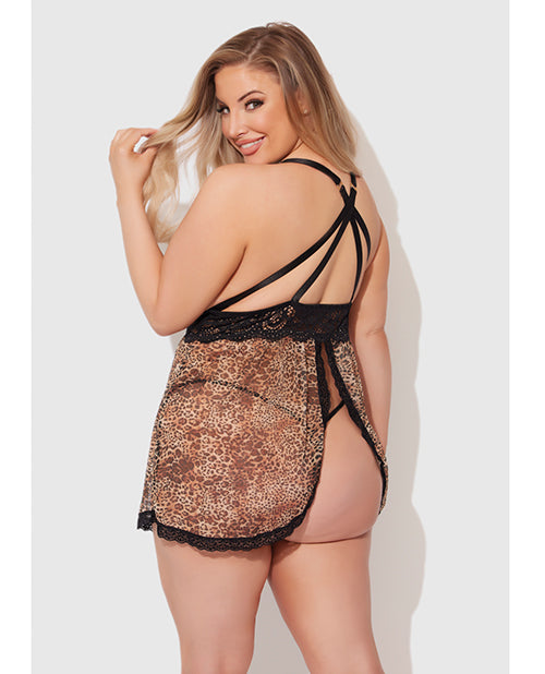 Felicia Mesh and Lace Babydoll w/G-String 2 pc Set - Leopard 3X/4X